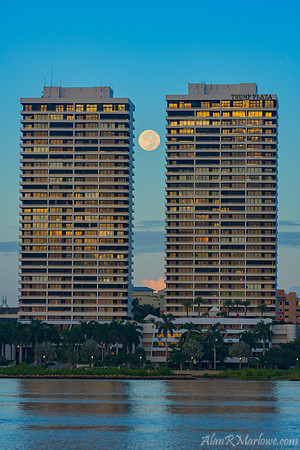 Harvest Moon setting through Trump Plaza